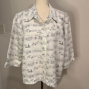 Christopher & Banks White Shirt with Beach Scenes Design Size XL